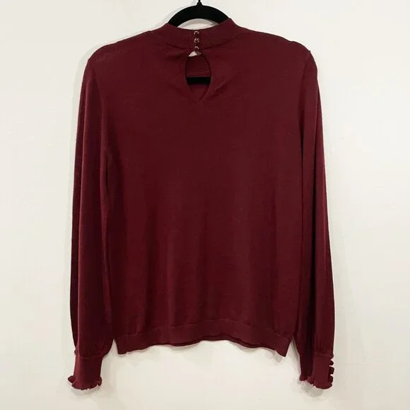 EUC Sezane Hazel Merino Wool Ruffle Cuff Sweater Burgundy Medium - Picture 3 of 10
